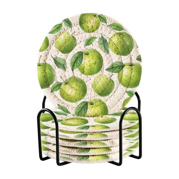 6 Pcs Drink Coasters with Holder 3.94in Woven Coasters for Drinks Cartoon Green Apples Pattern Coaster Set for Protection Table