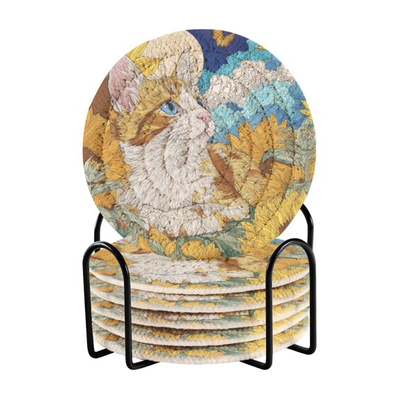 6 Pcs Drink Coasters with Holder 3.94in Woven Coasters for Drinks Cat Lies in The Sunflowers Coaster Set for Protection Table
