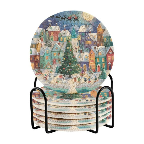 6 Pcs Drink Coasters with Holder 3.94in Woven Coasters for Drinks Charming Christmas Scene Coaster Set for Protection Table