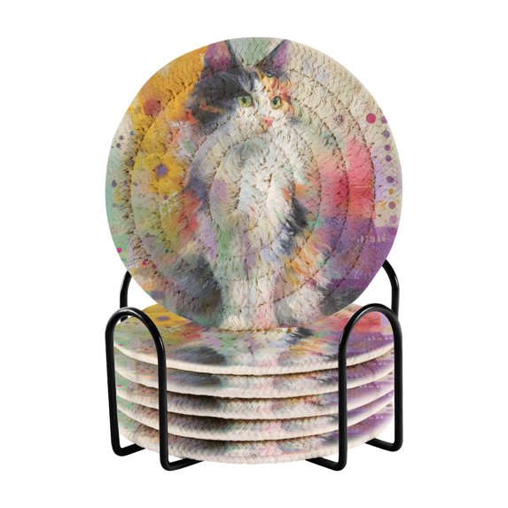 6 Pcs Drink Coasters with Holder 3.94in Woven Coasters for Drinks Charming Hairy Cat Coaster Set for Protection Table