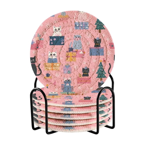 6 Pcs Drink Coasters with Holder 3.94in Woven Coasters for Drinks Christmas Cat Pattern Coaster Set for Protection Table
