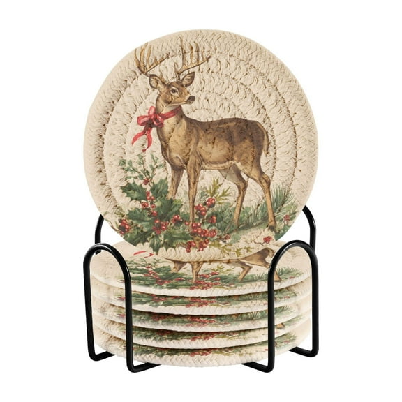 6 Pcs Drink Coasters with Holder 3.94in Woven Coasters for Drinks Christmas Deer with Greenery Coaster Set for Protection Table