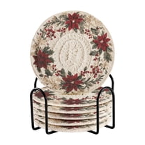 6 Pcs Drink Coasters with Holder 3.94in Woven Coasters for Drinks Christmas Holly Flowers Wreath Coaster Set for Protection Table