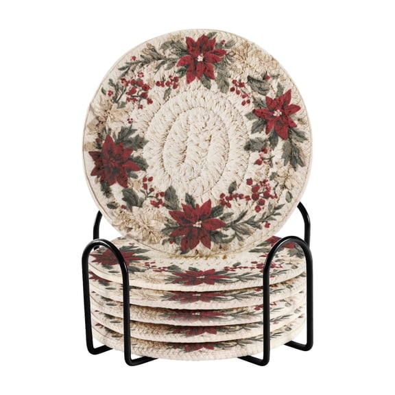 6 Pcs Drink Coasters with Holder 3.94in Woven Coasters for Drinks Christmas Holly Flowers Wreath Coaster Set for Protection Table