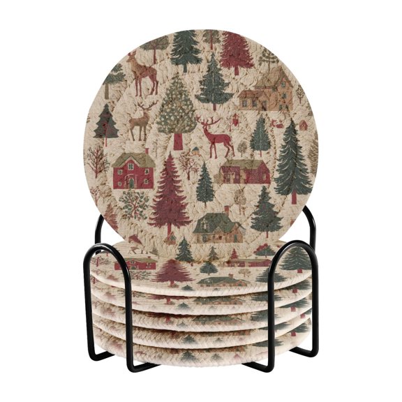 6 Pcs Drink Coasters with Holder 3.94in Woven Coasters for Drinks Christmas Trees Deer and Houses Coaster Set for Protection Table