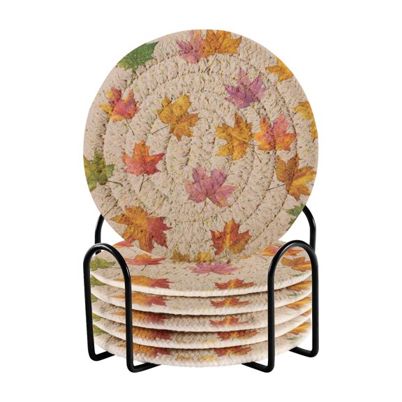 6 Pcs Drink Coasters with Holder 3.94in Woven Coasters for Drinks Colored Autumn Leaves Coaster Set for Protection Table