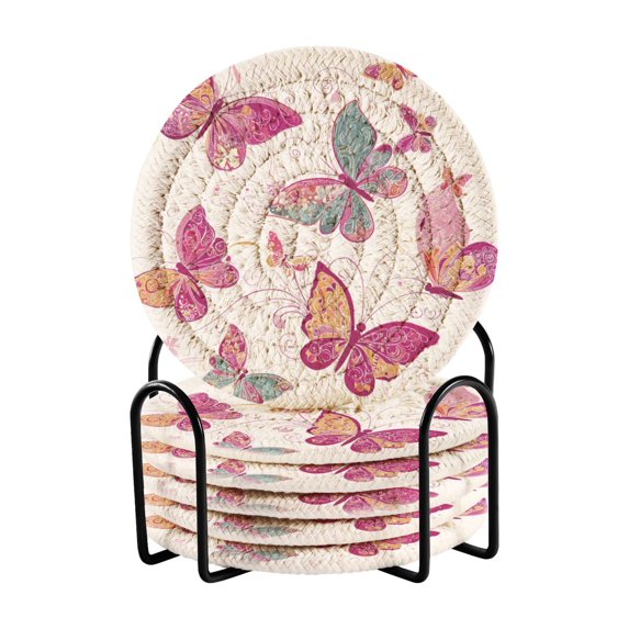 6 Pcs Drink Coasters with Holder 3.94in Woven Coasters for Drinks Colorful Butterflies Coaster Set for Protection Table