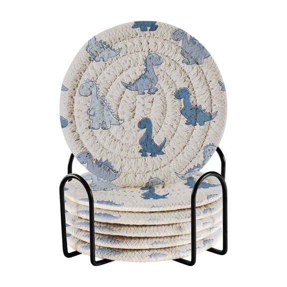 6 Pcs Drink Coasters with Holder 3.94in Woven Coasters for Drinks Cute Blue Dinosaurs Coaster Set for Protection Table