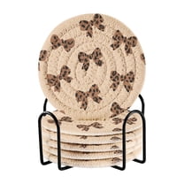 6 Pcs Drink Coasters with Holder 3.94in Woven Coasters for Drinks Cute Brown Bow Coaster Set for Protection Table