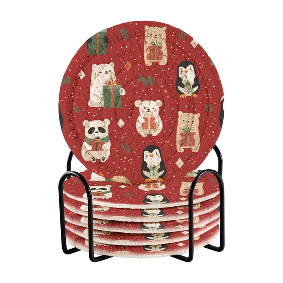 6 Pcs Drink Coasters with Holder 3.94in Woven Coasters for Drinks Cute Christmas Animals Coaster Set for Protection Table