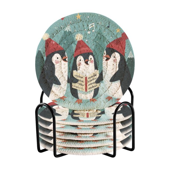 6 Pcs Drink Coasters with Holder 3.94in Woven Coasters for Drinks Cute Christmas Penguins Coaster Set for Protection Table