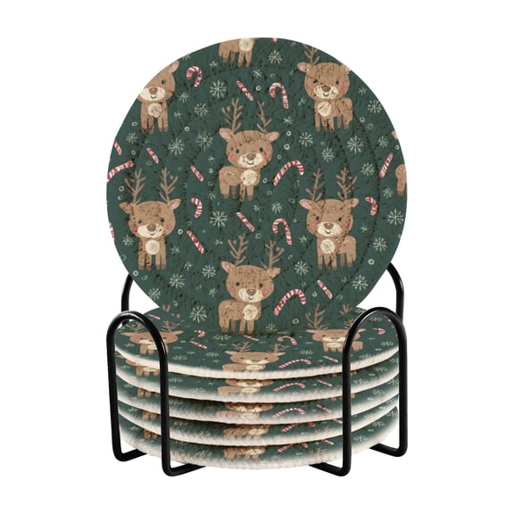 6 Pcs Drink Coasters with Holder 3.94in Woven Coasters for Drinks Cute Christmas Reindeer Pattern Coaster Set for Protection Table