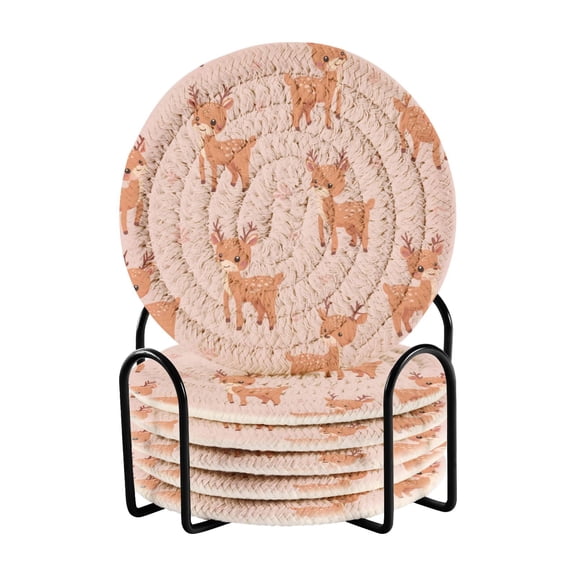 6 Pcs Drink Coasters with Holder 3.94in Woven Coasters for Drinks Cute Deer Pattern Coaster Set for Protection Table