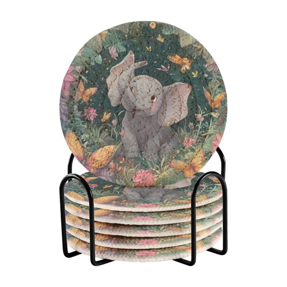 6 Pcs Drink Coasters with Holder 3.94in Woven Coasters for Drinks Cute Elephant Coaster Set for Protection Table