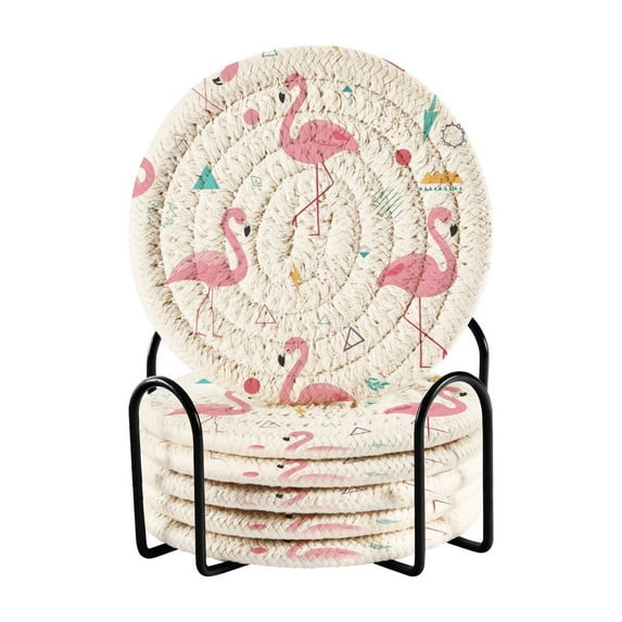 6 Pcs Drink Coasters with Holder 3.94in Woven Coasters for Drinks Cute Flamingo Pattern Coaster Set for Protection Table
