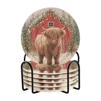 6 Pcs Drink Coasters with Holder 3.94in Woven Coasters for Drinks Cute Highland Cow Pattern Coaster Set for Protection Table