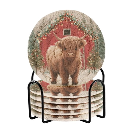 6 Pcs Drink Coasters with Holder 3.94in Woven Coasters for Drinks Cute Highland Cow Pattern Coaster Set for Protection Table