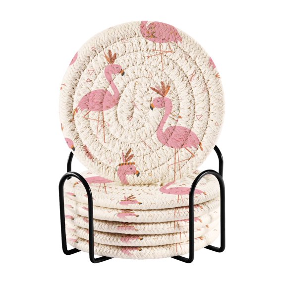 6 Pcs Drink Coasters with Holder 3.94in Woven Coasters for Drinks Cute Pink Flamingo Pattern Coaster Set for Protection Table