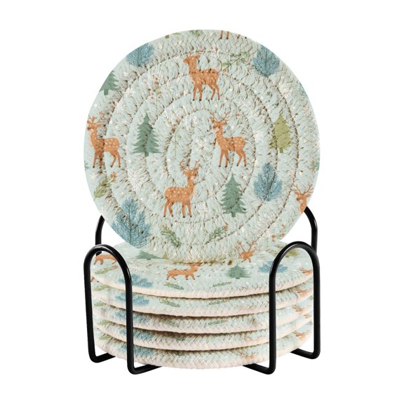 6 Pcs Drink Coasters with Holder 3.94in Woven Coasters for Drinks Deer and Pine Trees Pattern Coaster Set for Protection Table
