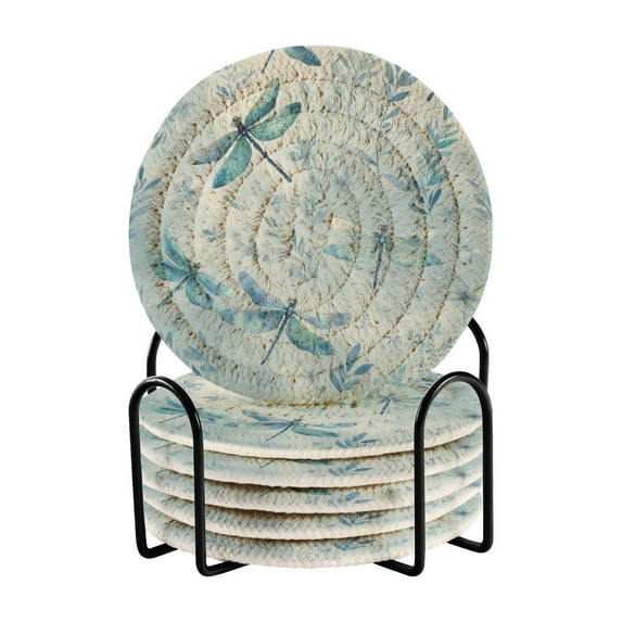 6 Pcs Drink Coasters with Holder 3.94in Woven Coasters for Drinks Delicate Dragonflies Pattern Coaster Set for Protection Table