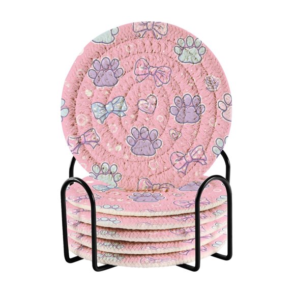 6 Pcs Drink Coasters with Holder 3.94in Woven Coasters for Drinks Dog Paw Prints and Bows Coaster Set for Protection Table