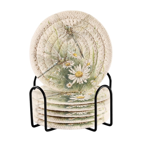 6 Pcs Drink Coasters with Holder 3.94in Woven Coasters for Drinks Dragonflies with White Daisies Coaster Set for Protection Table