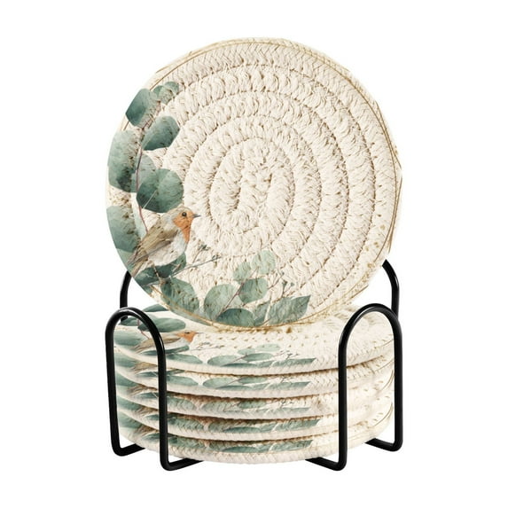 6 Pcs Drink Coasters with Holder 3.94in Woven Coasters for Drinks Eucalyptus Leaves and Little Bird Coaster Set for Protection Table
