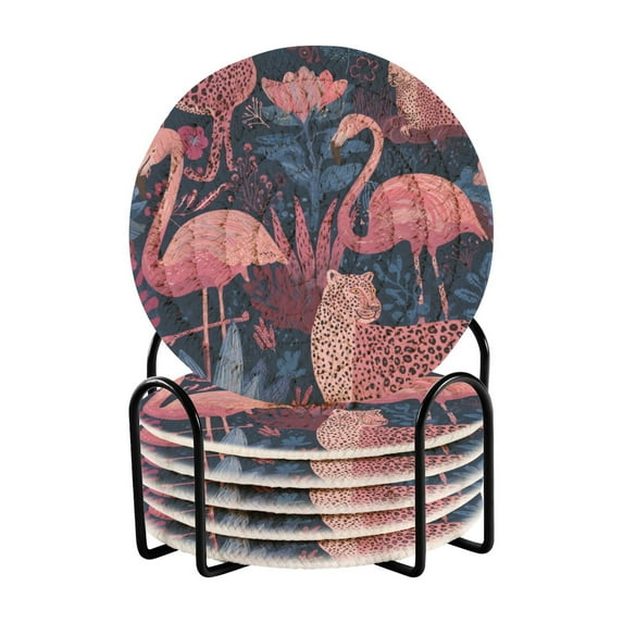 6 Pcs Drink Coasters with Holder 3.94in Woven Coasters for Drinks Flamingos and Leopard Print Coaster Set for Protection Table
