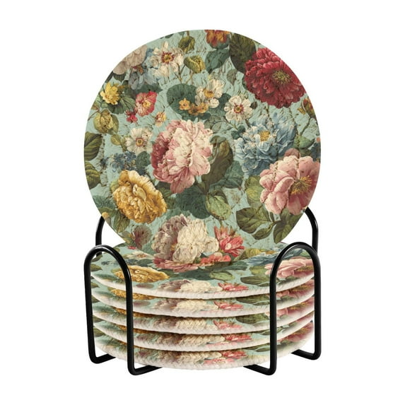 6 Pcs Drink Coasters with Holder 3.94in Woven Coasters for Drinks Floral Pattern with Roses Coaster Set for Protection Table