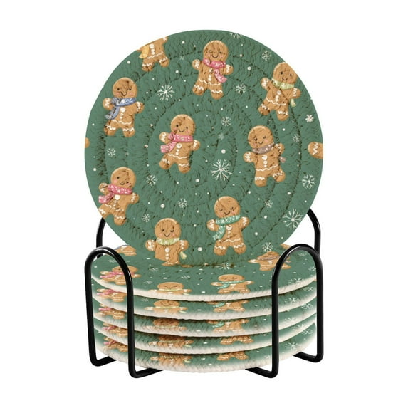 6 Pcs Drink Coasters with Holder 3.94in Woven Coasters for Drinks Gingerbread Christmas Theme Pattern Coaster Set for Protection Table