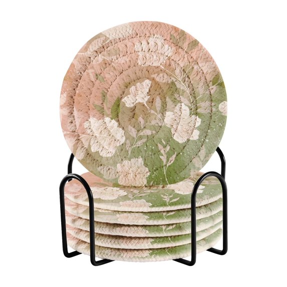 6 Pcs Drink Coasters with Holder 3.94in Woven Coasters for Drinks Gradient Elegant Floral Coaster Set for Protection Table
