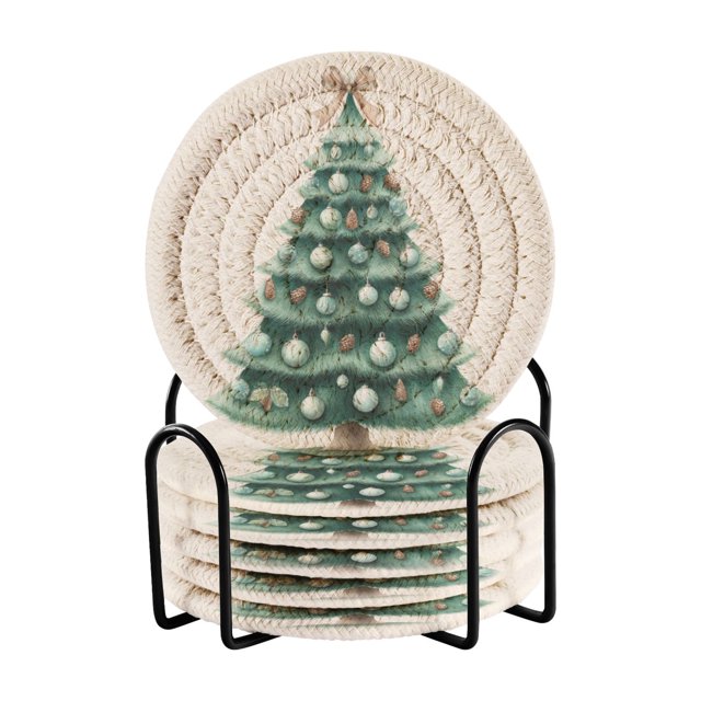 6 Pcs Drink Coasters with Holder 3.94in Woven Coasters for Drinks Green Christmas Tree with Baubles Coaster Set for Protection Table