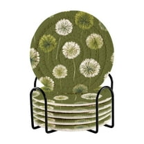6 Pcs Drink Coasters with Holder 3.94in Woven Coasters for Drinks Green Dandelions Pattern Coaster Set for Protection Table
