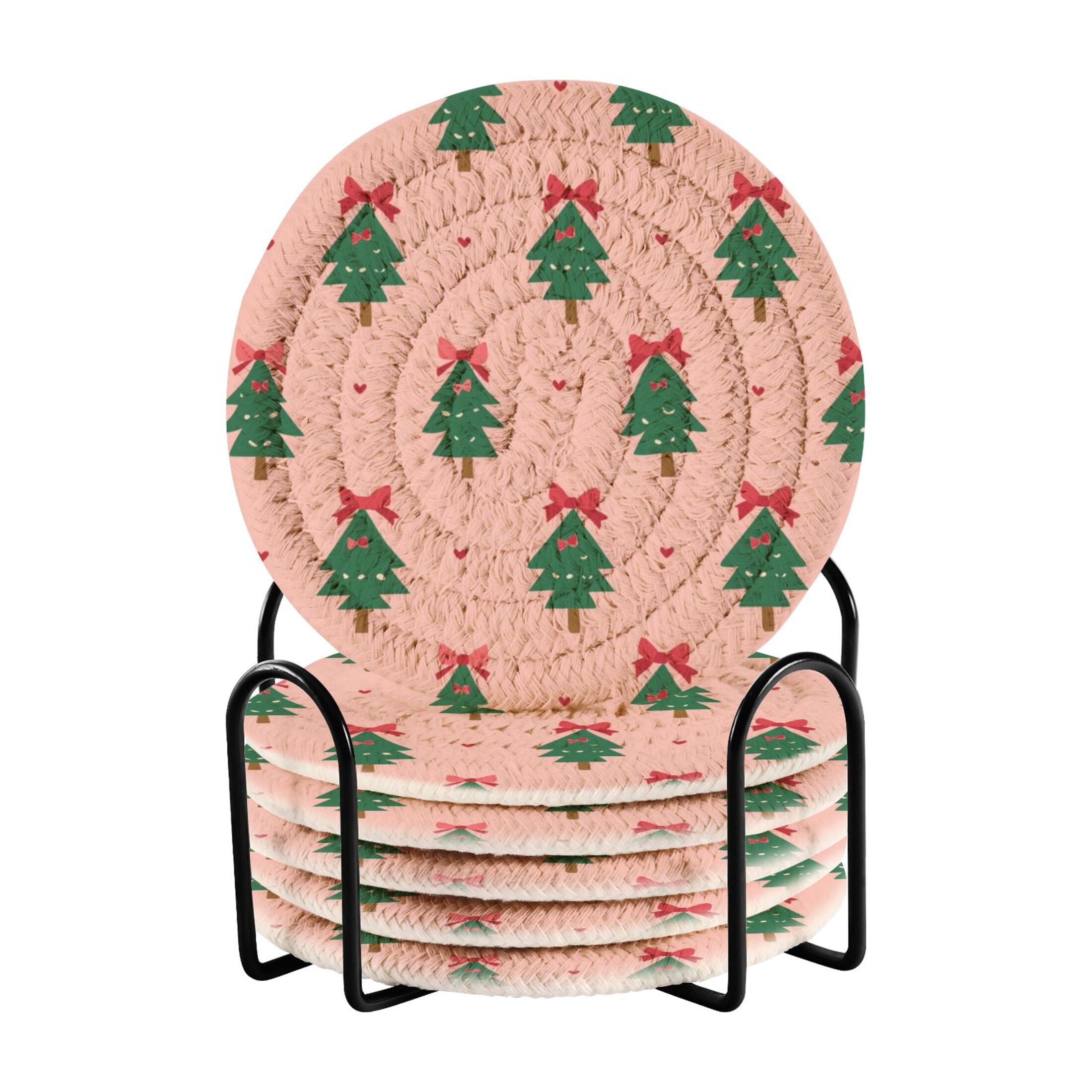 6 Pcs Drink Coasters with Holder 3.94in Woven Coasters for Drinks Green ...