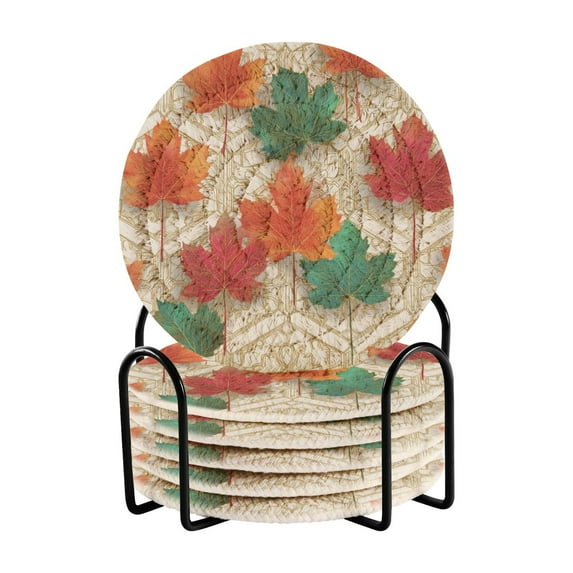 6 Pcs Drink Coasters with Holder 3.94in Woven Coasters for Drinks Green and Red Maple Leaves Coaster Set for Protection Table