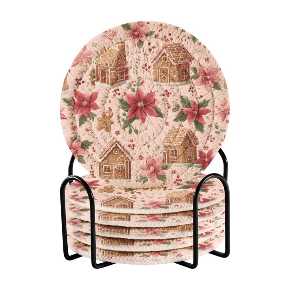 6 Pcs Drink Coasters with Holder 3.94in Woven Coasters for Drinks Houses and Flowers Coaster Set for Protection Table