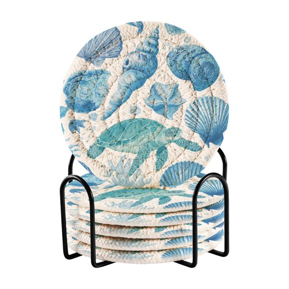 6 Pcs Drink Coasters with Holder 3.94in Woven Coasters for Drinks Marine Organismsd Coaster Set for Protection Table