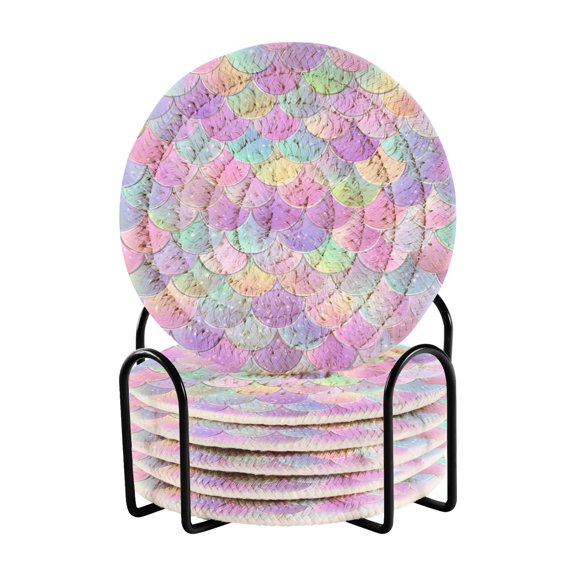 6 Pcs Drink Coasters with Holder 3.94in Woven Coasters for Drinks Mermaid Scale Pattern Coaster Set for Protection Table