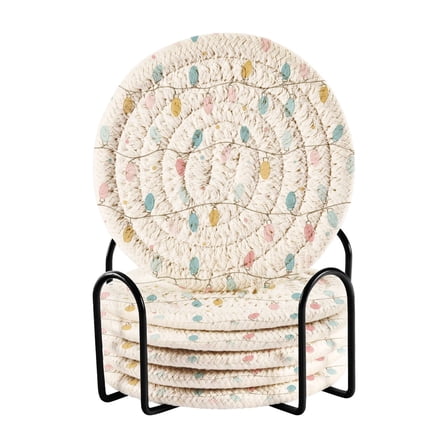 6 Pcs Drink Coasters with Holder 3.94in Woven Coasters for Drinks Minimalist Christmas Lights Pattern Coaster Set for Protection Table