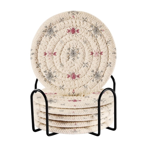 6 Pcs Drink Coasters with Holder 3.94in Woven Coasters for Drinks Minimalist Line Snowflakes and Stars Coaster Set for Protection Table