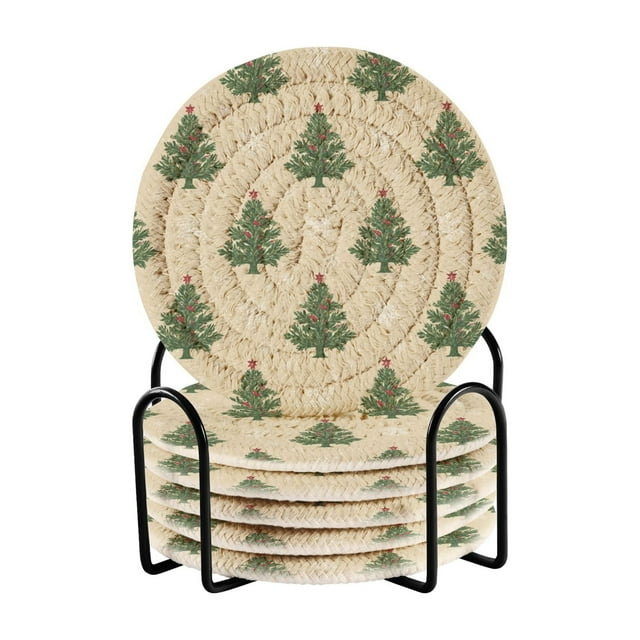 6 Pcs Drink Coasters with Holder 3.94in Woven Coasters for Drinks Motifs Christmas Tree Pattern Coaster Set for Protection Table