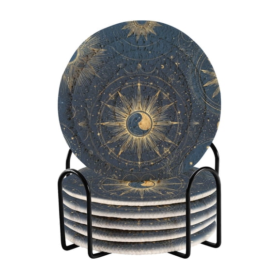 6 Pcs Drink Coasters with Holder 3.94in Woven Coasters for Drinks Mysterious Celestial Pattern Coaster Set for Protection Table