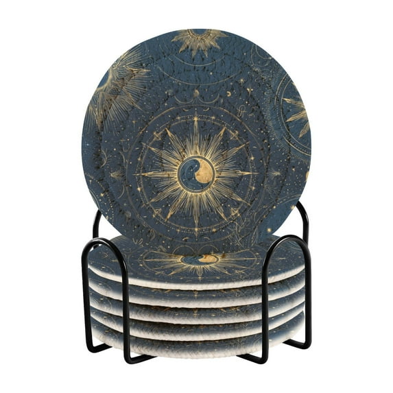 6 Pcs Drink Coasters with Holder 3.94in Woven Coasters for Drinks Mysterious Celestial Pattern Coaster Set for Protection Table