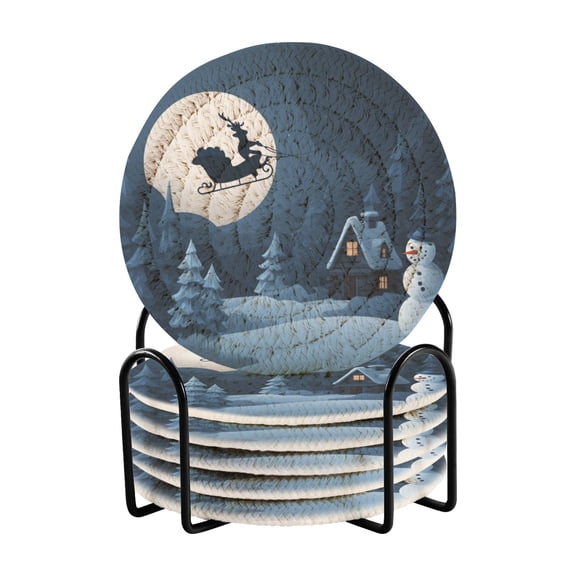 6 Pcs Drink Coasters with Holder 3.94in Woven Coasters for Drinks Mysterious Christmas Night Scene Coaster Set for Protection Table