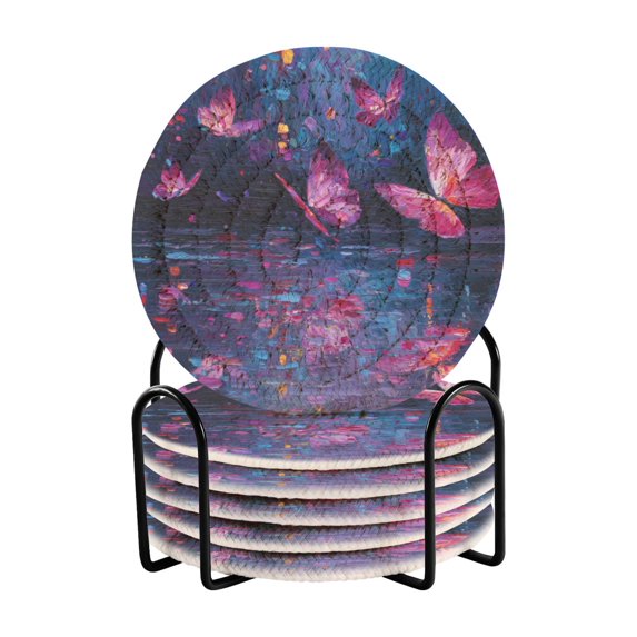 6 Pcs Drink Coasters with Holder 3.94in Woven Coasters for Drinks Night Scene and Butterflies Coaster Set for Protection Table