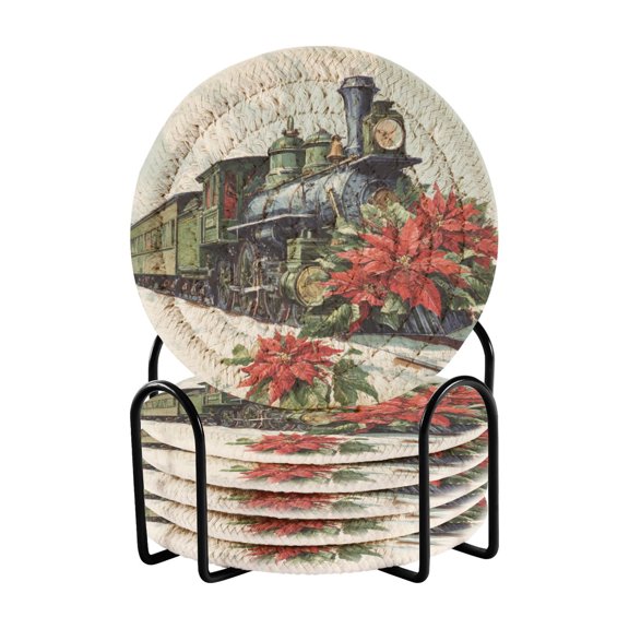 6 Pcs Drink Coasters with Holder 3.94in Woven Coasters for Drinks Old Train with Flowers Coaster Set for Protection Table