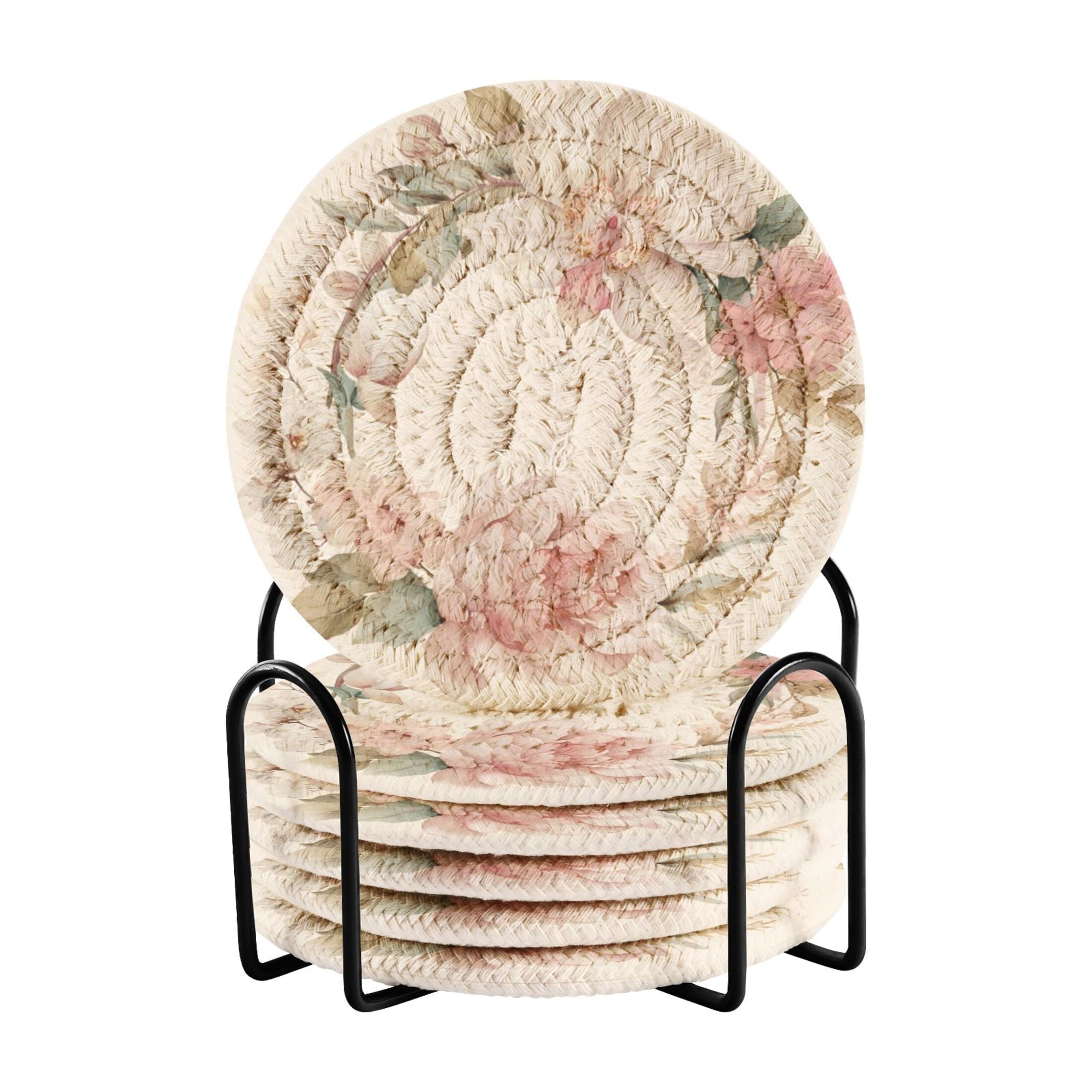 6 Pcs Drink Coasters with Holder 3.94in Woven Coasters for Drinks ...