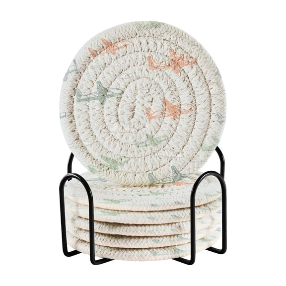 6 Pcs Drink Coasters with Holder 3.94in Woven Coasters for Drinks Pastel Doodle Airplanes Coaster Set for Protection Table