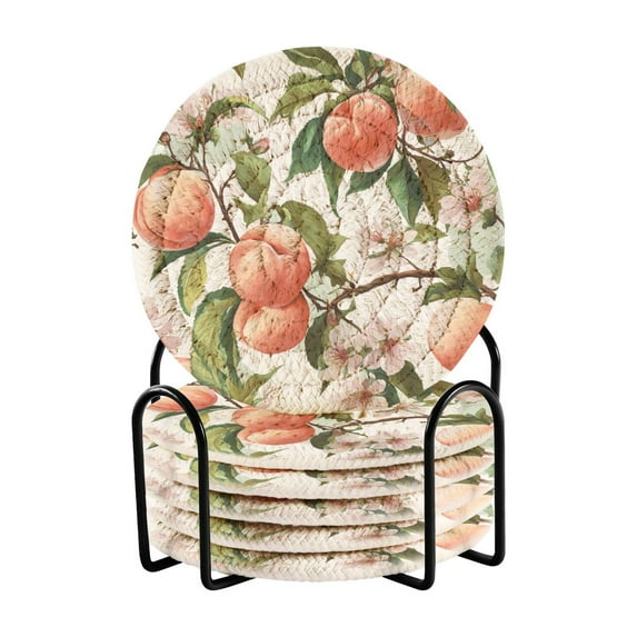 6 Pcs Drink Coasters with Holder 3.94in Woven Coasters for Drinks Peach Fruit Pattern Coaster Set for Protection Table