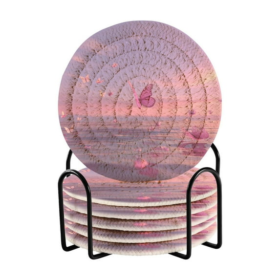 6 Pcs Drink Coasters with Holder 3.94in Woven Coasters for Drinks Pink Butterflies Flying Coaster Set for Protection Table